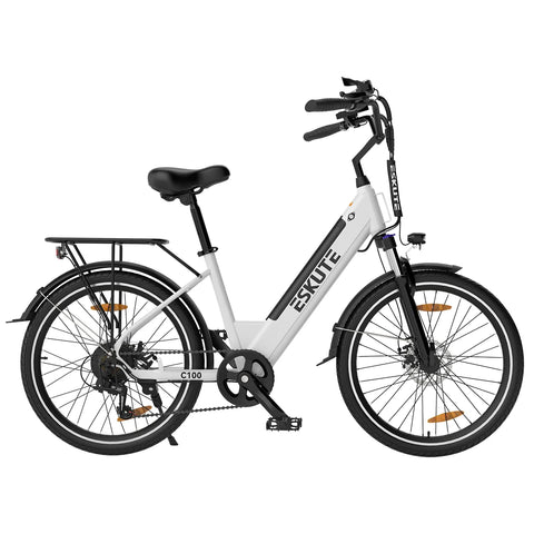 ESKUTE C100 Bicicleta Elétrica - Motor 250W Bateria 36V10.4Ah Rodas 26x1.75 Freios Mecânicos - Branco