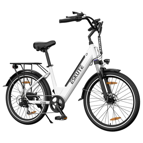 ESKUTE C100 Bicicleta Elétrica - Motor 250W Bateria 36V10.4Ah Rodas 26x1.75 Freios Mecânicos - Branco