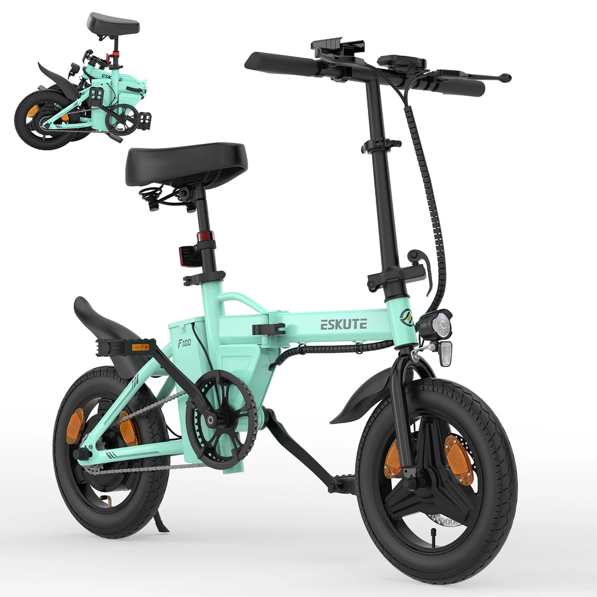 E-Bike ESKUTE F100 Pneu de 14 polegadas, Motor de 250 W, Bateria de 36 V 9 AH, Travões de Disco Mecânicos - Azul