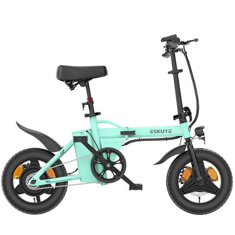 E-Bike ESKUTE F100 Pneu de 14 polegadas, Motor de 250 W, Bateria de 36 V 9 AH, Travões de Disco Mecânicos - Azul