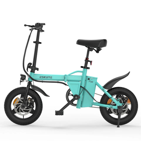 E-Bike ESKUTE F100 Pneu de 14 polegadas, Motor de 250 W, Bateria de 36 V 9 AH, Travões de Disco Mecânicos - Azul