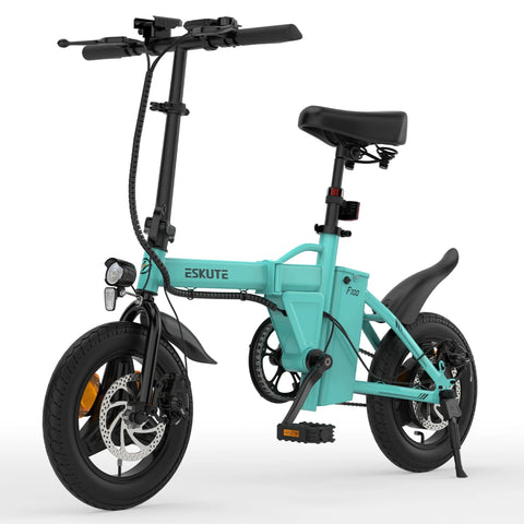 E-Bike ESKUTE F100 Pneu de 14 polegadas, Motor de 250 W, Bateria de 36 V 9 AH, Travões de Disco Mecânicos - Azul