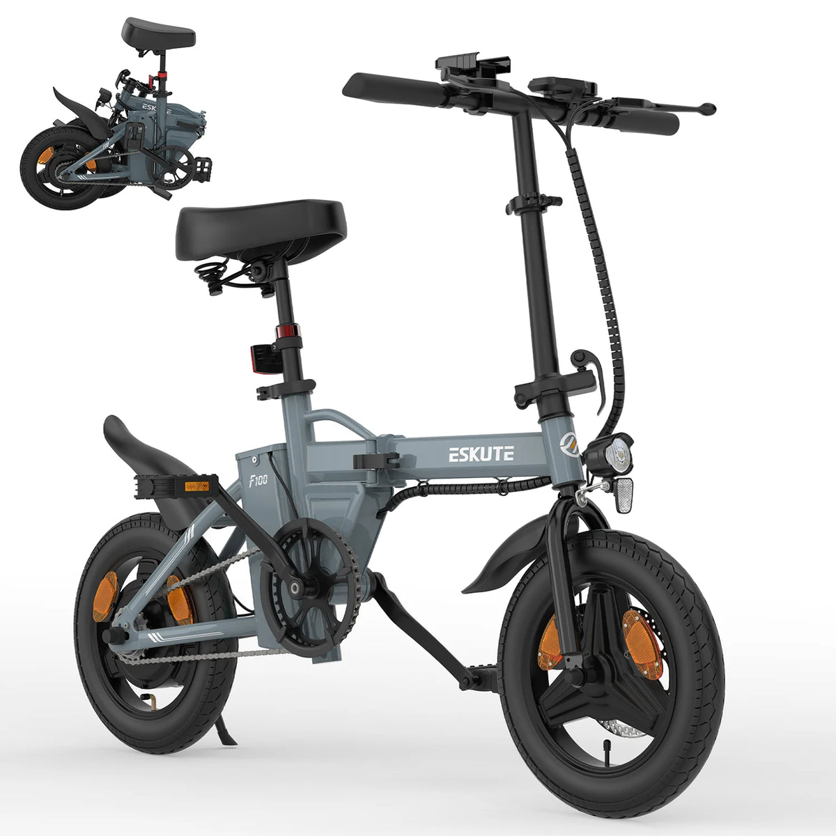 Bicicleta Elétrica ESKUTE F100 com Pneus de 14 Polegadas, Motor de 250 W, Bateria de 36 V e 9 AH, Travões de Disco Mecânicos - Cinza