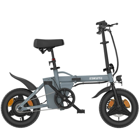 Bicicleta Elétrica ESKUTE F100 com Pneus de 14 Polegadas, Motor de 250 W, Bateria de 36 V e 9 AH, Travões de Disco Mecânicos - Cinza