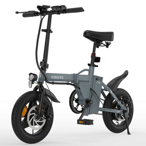 Bicicleta Elétrica ESKUTE F100 com Pneus de 14 Polegadas, Motor de 250 W, Bateria de 36 V e 9 AH, Travões de Disco Mecânicos - Cinza