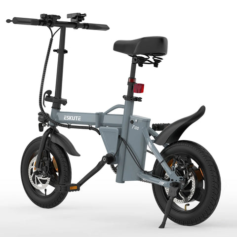 Bicicleta Elétrica ESKUTE F100 com Pneus de 14 Polegadas, Motor de 250 W, Bateria de 36 V e 9 AH, Travões de Disco Mecânicos - Cinza