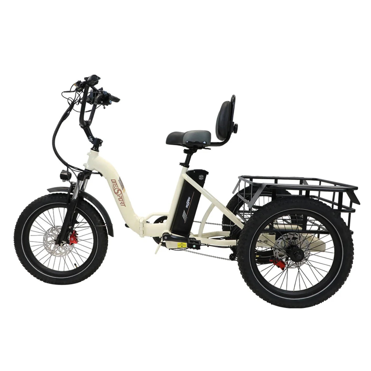 Triciclo Bicicleta Elétrica ONESPORT OT30 – Motor 500W Bateria 48V13AH Pneus de 20 Polegadas Freio a Disco Hidráulico - Branco