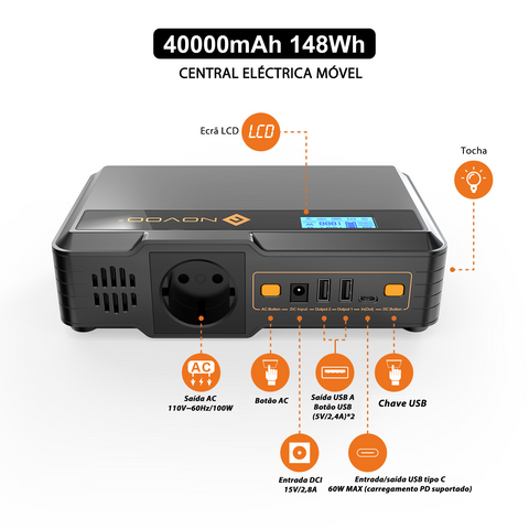 Powerbank NOVOO SPS100 - 100W, 148Wh, Carregador Portátil